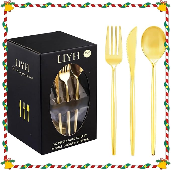LIYH 102 Pcs Gold Plastic Silverware Disposable, Plastic Gold Utensils Heavyduty - Disposable Cutlery Includes Knives Forks and Spoons for Party, Birthday,Wedding Events