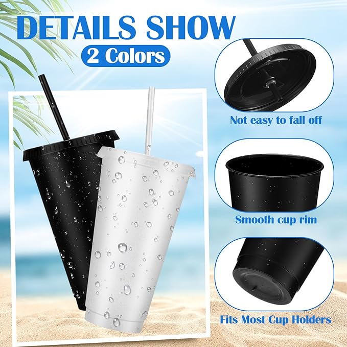 Honeydak 30 Pack Tumbler with Straw and Lid Bulk Cups for Gifts Glitter Plastic Coffee Cups 24-27 oz Reusable Water Bottle Iced Coffee Travel Mug Party Favors for Birthdays Travel (Black and Clear)