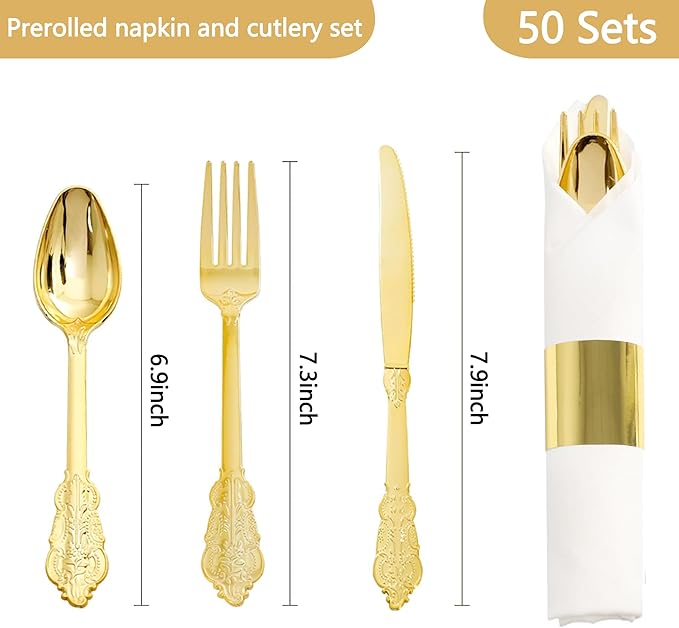 50 Pack Pre Rolled Gold Plastic Silverware Set,Fancy Wrapped Plastic Cutlery Set with Napkin Include 50 Forks,50 Spoons,50 Knives and 50 White Napkins for Party, Wedding,Christmas