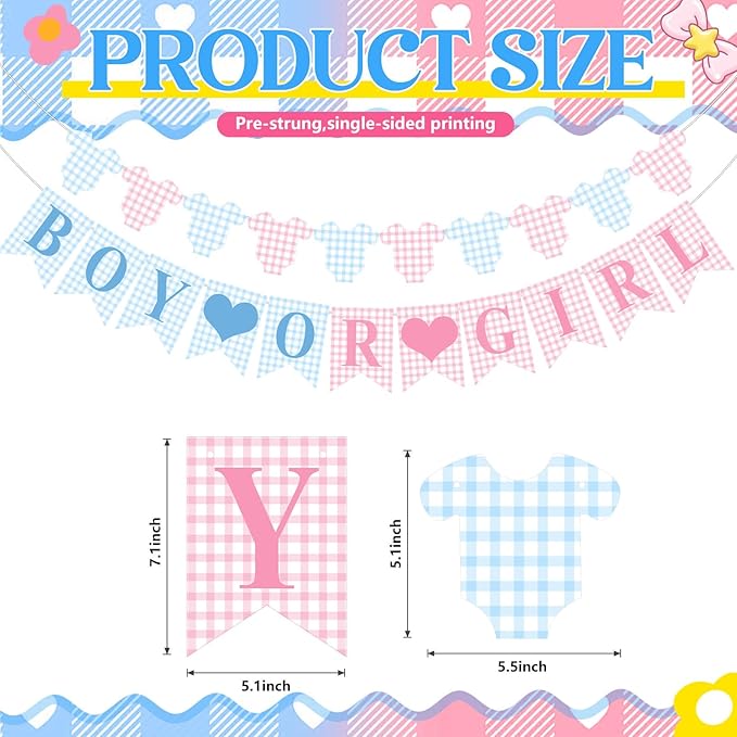 1 Pcs Blue Pink Gingham Boy or Girl Clothesline Bodysuit Banner for Party Decorations Pre Strung Baby Shower Gender Reveal Paper Banner for Table, Wall, Mantel Display Party Decor Supplies