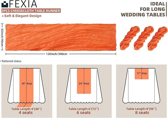 FEXIA 3 Pack Orange Fall Table Runner 35x120 Inches for Baby Shower Decoration Gauze Rustic Table Runner for Wedding Party First Communion Centerpiece Engagement Bridal Shower Boho Decoration