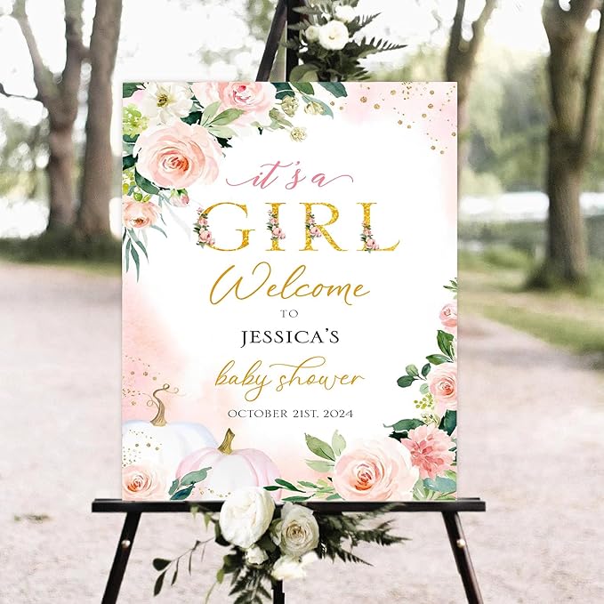 It's Girl Welcome Sign, Baby Girl Sign For Baby Shower, Baby Shower Welcome Sign With Stand, Floral Baby Shower Sign Decoration, Girl Baby Shower Decorations