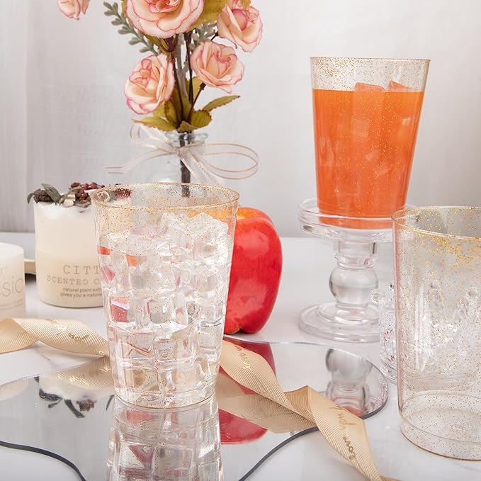 I00000 100 Pack 12 oz Gold Glitter Cups, Clear Disposable Cups, Gold Plastic Wine Glasses Cocktail Glasses Heavy Duty Cups, 12 Ounce Glitter Plastic Tumblers for Party