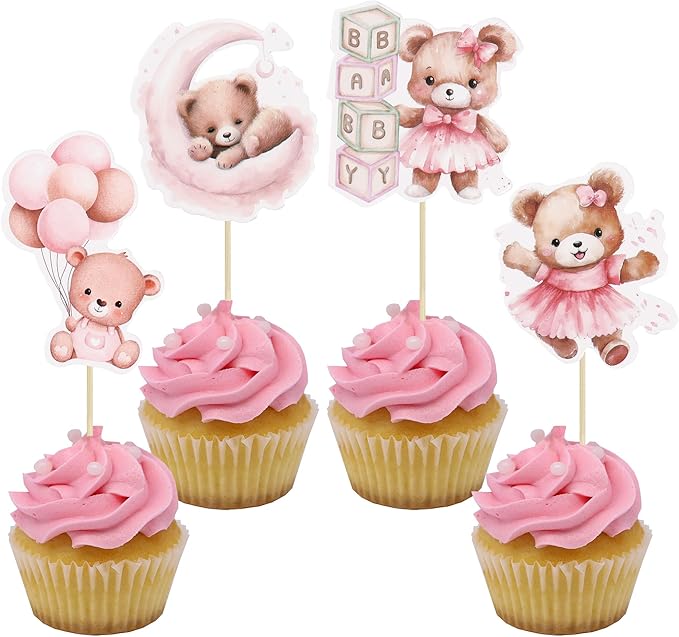 Gyufise 32Pcs Baby Shower Bear Cupcake Toppers Moon Baby Bear Baby Shower Cake Topper Decorations Jungle Animal Theme Birthday Party Cake Supplies Pink