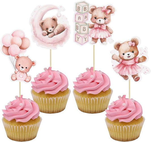 Gyufise 32Pcs Baby Shower Bear Cupcake Toppers Moon Baby Bear Baby Shower Cake Topper Decorations Jungle Animal Theme Birthday Party Cake Supplies Pink