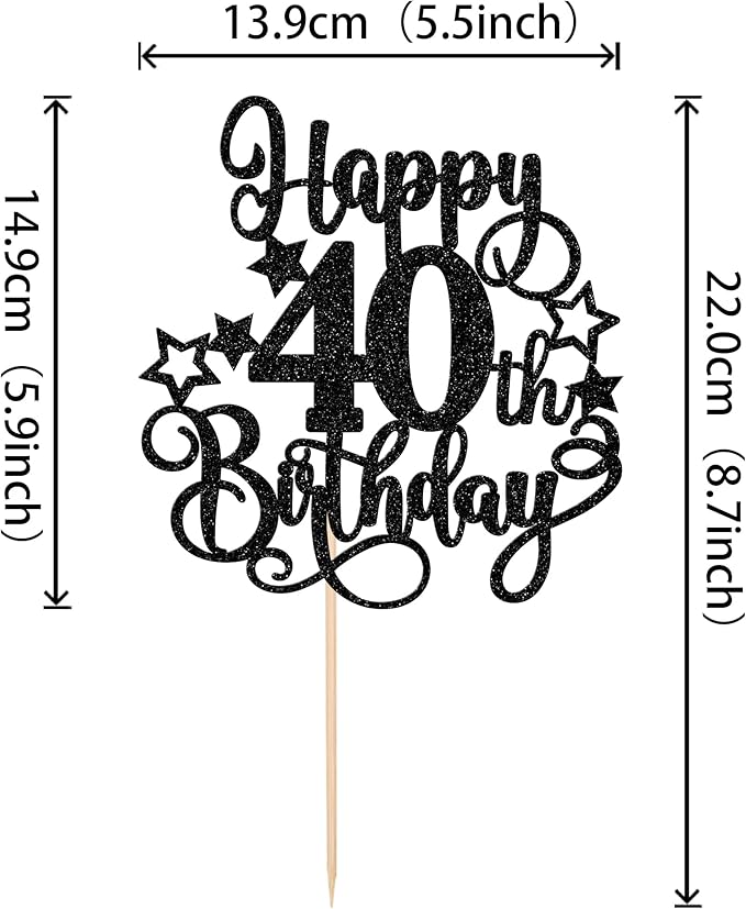 1 PCS Happy 40th Birthday Cake Topper Glitter Cheers to 40 Years Birthday Cake Pick Hello 40 Fabulous Cake Decoration for Happy 40th Birthday Anniversary Party Decorations Supplies Black