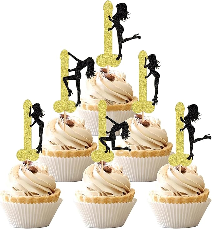 ZitTRo 28 Pcs Pole Dancing Girl Cupcake Toppers, Black-gold Glitter Pole Bachelorette Cupcake Picks, Pole Dancers Cupcake Decorations for Night Out Hen Movie Party，Valentine's Day