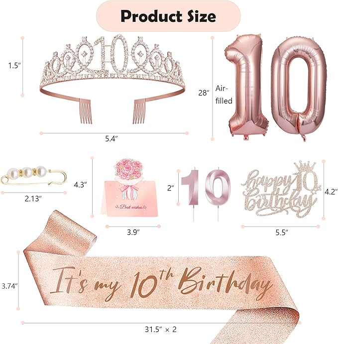 10th Birthday Decorations for Girl, 10th Birthday Sash and Crown, Cake Topper, Number Candles and Balloons, 10 Year Old Gifts for Girls