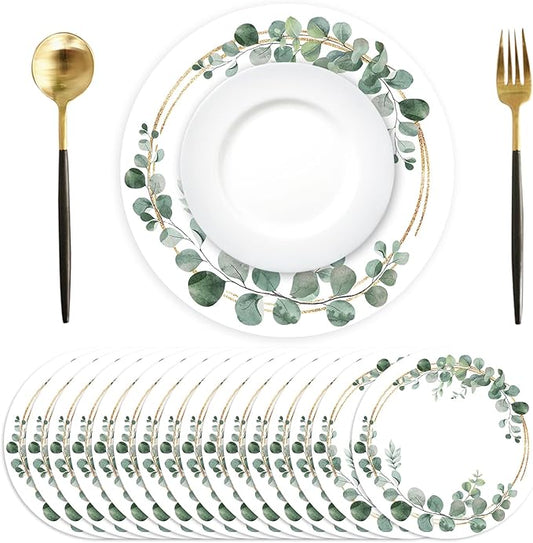 Disposable Paper Placemats - 100 Pack Green Eucalyptus Leaves Round Table Mats, 13.7 Inch, Perfect for Birthday, Baby Shower, Party Decoration