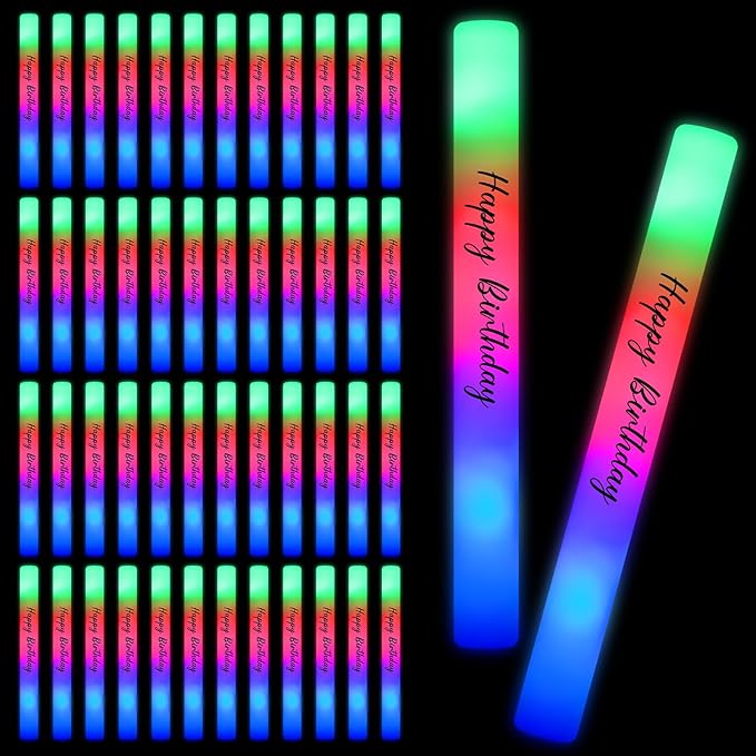 50 Pack Colorful LED Party Foam Light Sticks Batons with Triple Ribbon Birthday Glow Sticks with 3 Color Lighting Modes for Birthday Party, Guests Send Off, Christmas, Festivals
