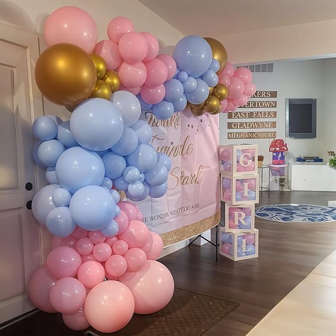 Balloons Pink and Blue, 60 Pack 12 Inch Pastel Light Pink Blue with Metallic Gold Confetti Balloons for Birthday, Gender Reveal, Baby Shower, Boy or Girl Party Decoration