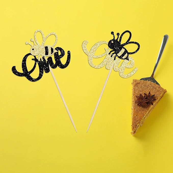 24Pcs Bumble Bee One Cupcake Toppers Glitter 1st Birthday Party Cupcake Picks Decorations for Bee Theme Baby Shower Kids First Birthday Party Supplies