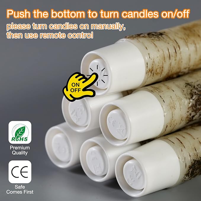 Eywamage Birch Bark Flameless Taper Candles with Remote, Short Wood LED Wax Candlesticks Flickering Battery Operated Set of 6