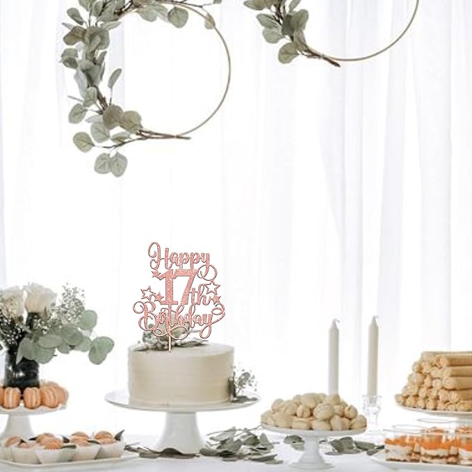 1 PCS Happy 17th Birthday Cake Topper Glitter Cheers to 17 Years Birthday Cake Pick Hello 17 Fabulous Cake Decoration for Happy 17th Birthday Anniversary Party Decorations Supplies Rose Gold