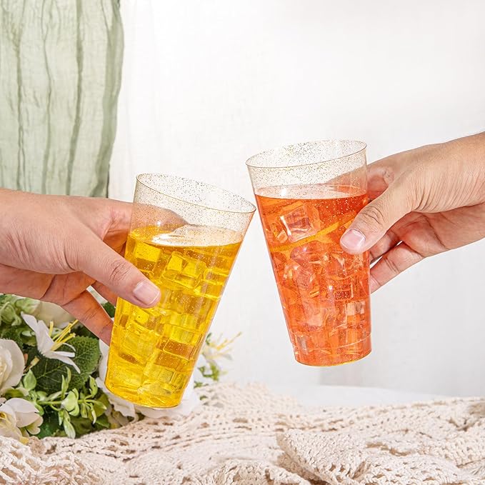I00000 16 oz Gold Plastic Cups, 50 Pack Gold Glitter Plastic Cups Tumblers Disposable Party Cup Wedding Cup, Heavy-duty Plastic Disposable Glasses Ideal for Halloween,Thanksgiving and Christmas