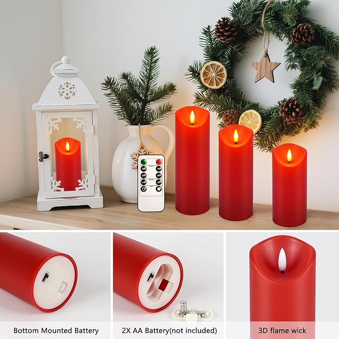24 Pack Red LED Candles with Remote & Timer - Flameless Pillar Candles with 3D Flickering Flame, Battery Operated for Christmas Tree, Table Centerpieces, Party Decor