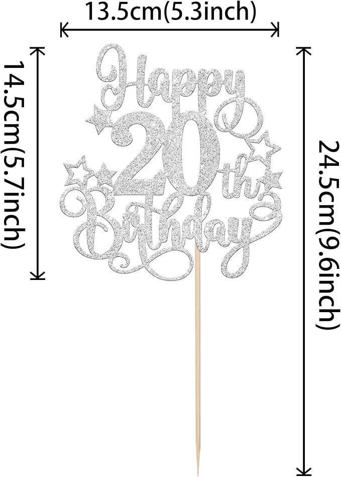 1 PCS Happy 20th Birthday Cake Topper Glitter Cheers to 20 Years Birthday Cake Pick Hello 20 Fabulous Cake Decoration for Happy 20th Birthday Anniversary Party Decorations Supplies silver