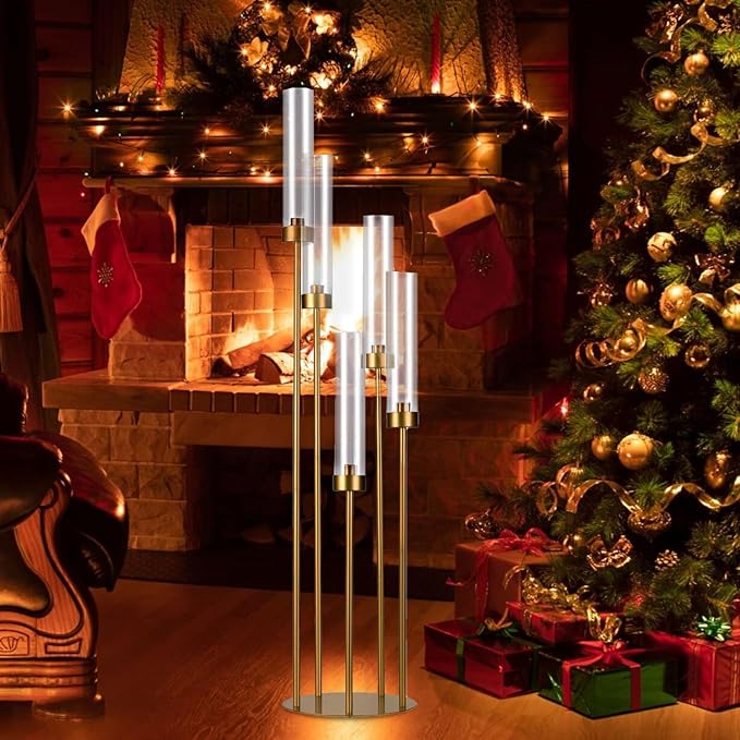 20PCS Gold Floor Candelabra,5 Arm Candle Holder Tall Floor Candle Holder with Acrylic Lampshade for Wedding Table Birthday Party Home Decoration Fit LED Taper Candles