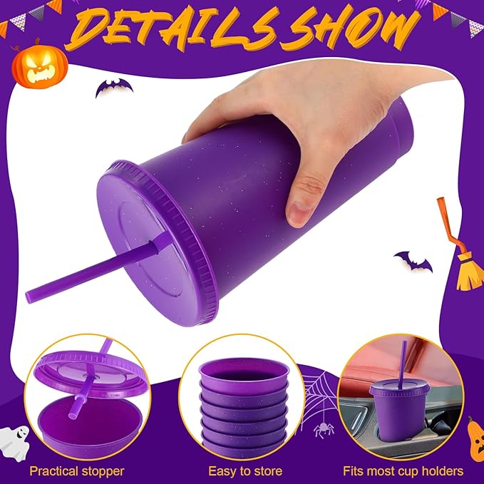 Honeydak 60 Pack Tumbler with Straw and Lid Bulk Cups for Gifts Glitter Plastic Coffee Cups 24-27 oz Reusable Water Bottle Iced Coffee Travel Mug Party Favors for Birthdays Travel (Purple)