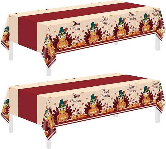 Thanksgiving Tablecloth,2 Pack Disposable Plastic Tablecloths for Rectangle Tables 54"x108",Thanksgiving Decorations,Turkey Table Cloths for Home,Dinner,Give Thanks Table Cover for Picnic,Birthday