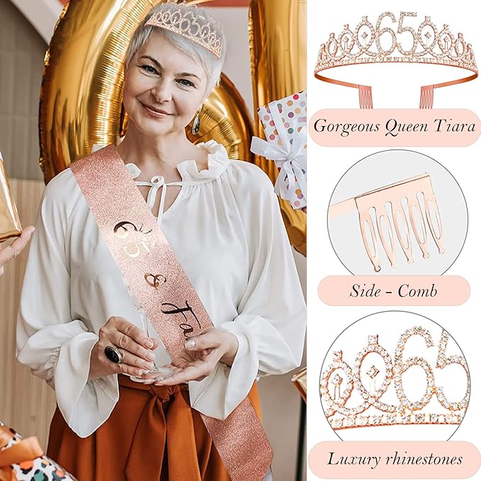 65th Birthday Gifts Decorations for Women, Including 65 year old Birthday Cake Topper,Queen Sash with Pearl Pin, Sweet Rhinestone Tiara Crown, Number Candles and Balloons Set, Rose Gold