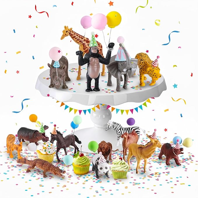 46 PCS Jungle Animal Birthday Party Decorations, Safari Animal Toys Figures Kit with 15 SafariAnimal Figurines, 15 Mini Hats & 15 Balloons, 1 Cake Toppers for Birthday Party Supplies