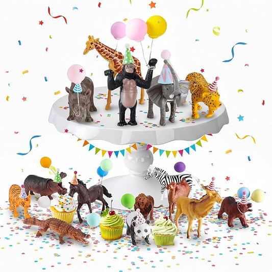 46 PCS Jungle Animal Birthday Party Decorations, Safari Animal Toys Figures Kit with 15 SafariAnimal Figurines, 15 Mini Hats & 15 Balloons, 1 Cake Toppers for Birthday Party Supplies