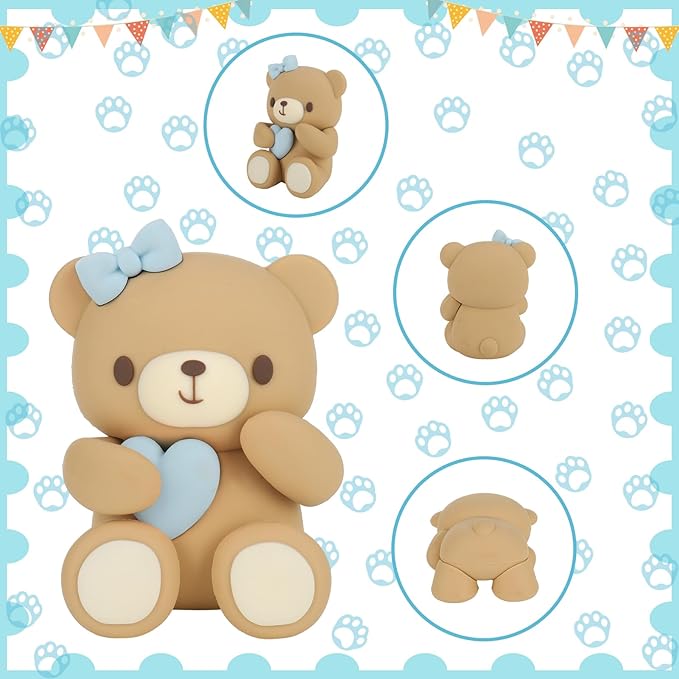 29 Pcs Ball Cake Toppers Bear Cake Decorations with Cute Bear Blue BABY Letter Blue Gold White Foam Balloon for Baby Shower Girl Boy (Blue, White, Gold)