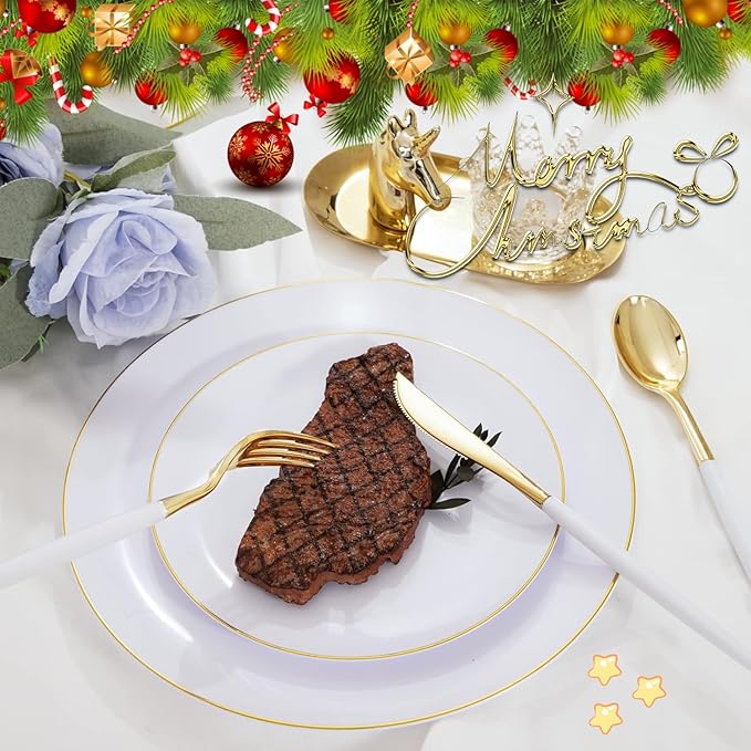 I00000 144Pcs Gold Plastic Silverware, Gold Plastic Utensils Set,Disposable Utensils Heavy Duty,Disposable Silverware Set Includes 48 Forks,48 Knives,48 Spoons for Party & Thanksgiving