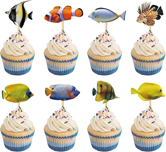 32pcs Ornamental fish Cupcake Toppers aquarium Theme Decorations Baby Shower Boys Girls Happy Birthday Party Tropical Party Cake Picks Under The Sea Decoration Supplies