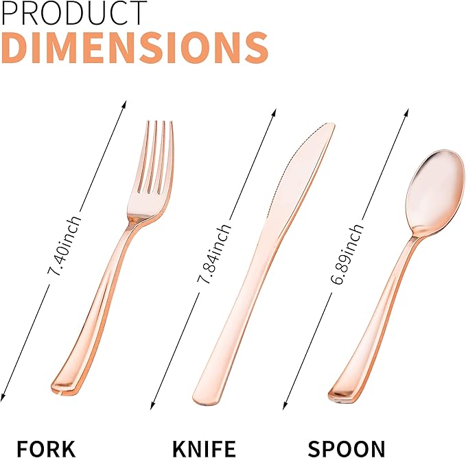 50 Pack Pre Rolled Rose Gold Plastic Silverware Set with Napkins,Disposable Wrapped Heavy Duty Cutlery Set for Wedding Birthday Party-50 Forks,Knives,Spoons,Utensils Set,Plasticware Bulk