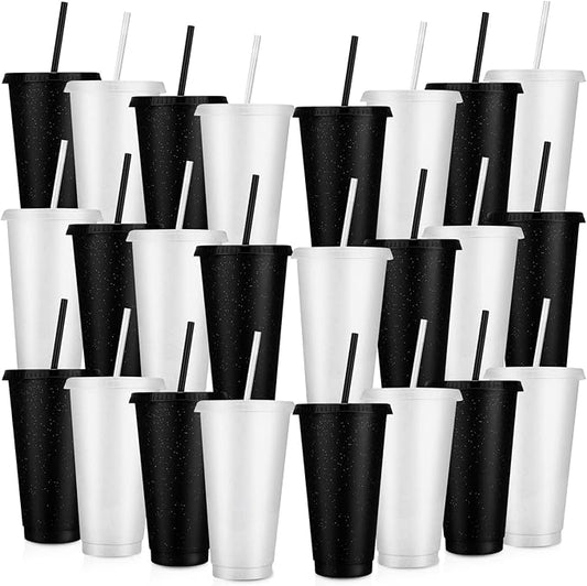 Honeydak 30 Pack Tumbler with Straw and Lid Bulk Cups for Gifts Glitter Plastic Coffee Cups 24-27 oz Reusable Water Bottle Iced Coffee Travel Mug Party Favors for Birthdays Travel (Black and Clear)