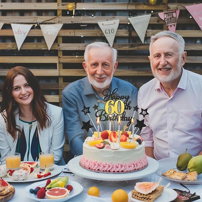 Happy 60th Birthday Cake Toppers, Black Gold Glitter Cake Decorations Set, 60th Birthday Decor for Men Women, Birthday Anniversary Party Decorations Supplies