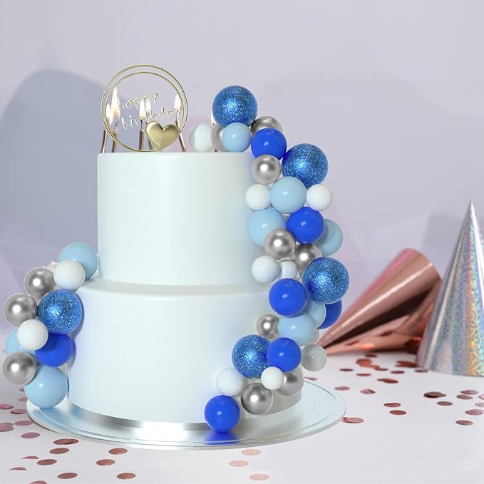 ASTARON 50 Pcs Ball Cake Topper Sticks Mini Balloons for Decorating Supplies Foam Balls Cake Toppers for Baby Shower, Birthday - Blue Series