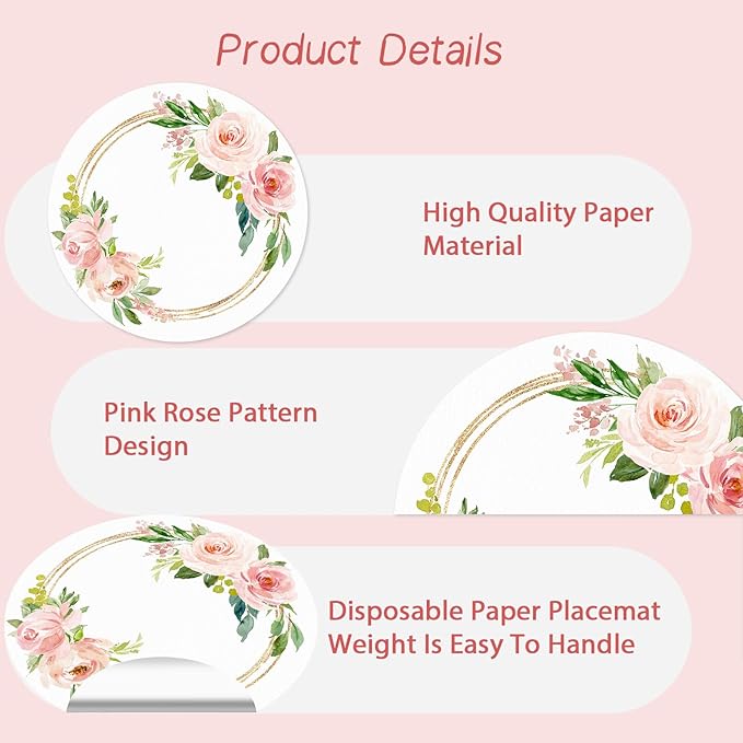 50 Pack Paper Placemats Disposable Pink Floral Wedding Disposable Placemats 13.7 Inch Rose Floral Round Place Mats Spring Summer Table Mats for Birthday Wedding Anniversary Bride Party Supplies