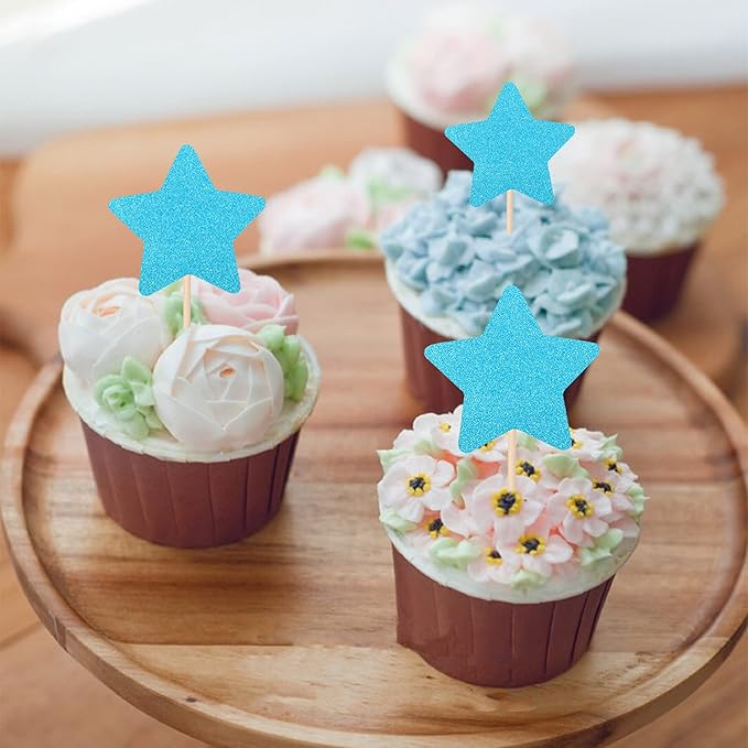 30 PCS Star Cupcake Toppers Glitter Mixed Size Twinkle Little Star Cake Picks Decorations for Wedding Engagement Baby Shower Birthday Party Supplies Blue