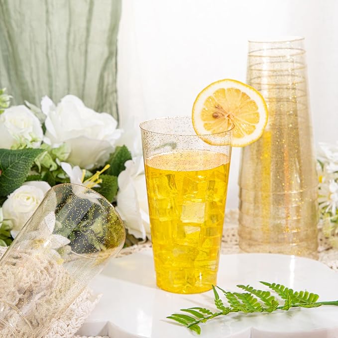 I00000 16 oz Gold Plastic Cups, 50 Pack Gold Glitter Plastic Cups Tumblers Disposable Party Cup Wedding Cup, Heavy-duty Plastic Disposable Glasses Ideal for Halloween,Thanksgiving and Christmas
