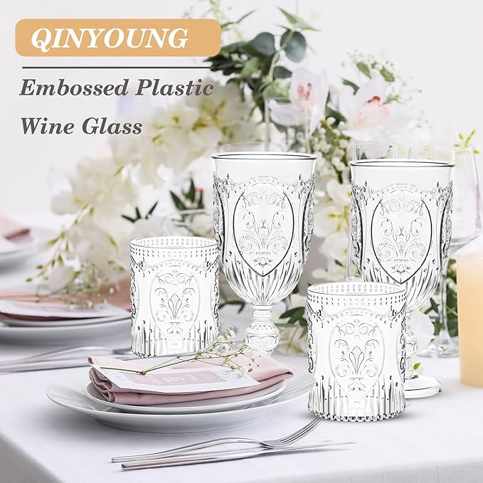 48 Plastic Vintage Drinking Glasses 8.5oz Stemless Retro Embossed Wine Glasses Shatterproof Reusable Cups for Baby Shower Wedding Reception Grand Event Party (Clear)