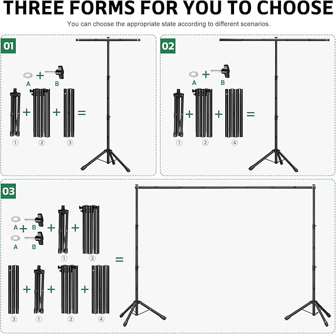 3-in-1 Backdrop Stand Kit 10x7.5 ft for Photography Studio, T-Shape Backdrop Stand for Wedding Parties, Background Stand for Photo Video Studio with Carring Bag, 6 Clamps, 2 Sandbags