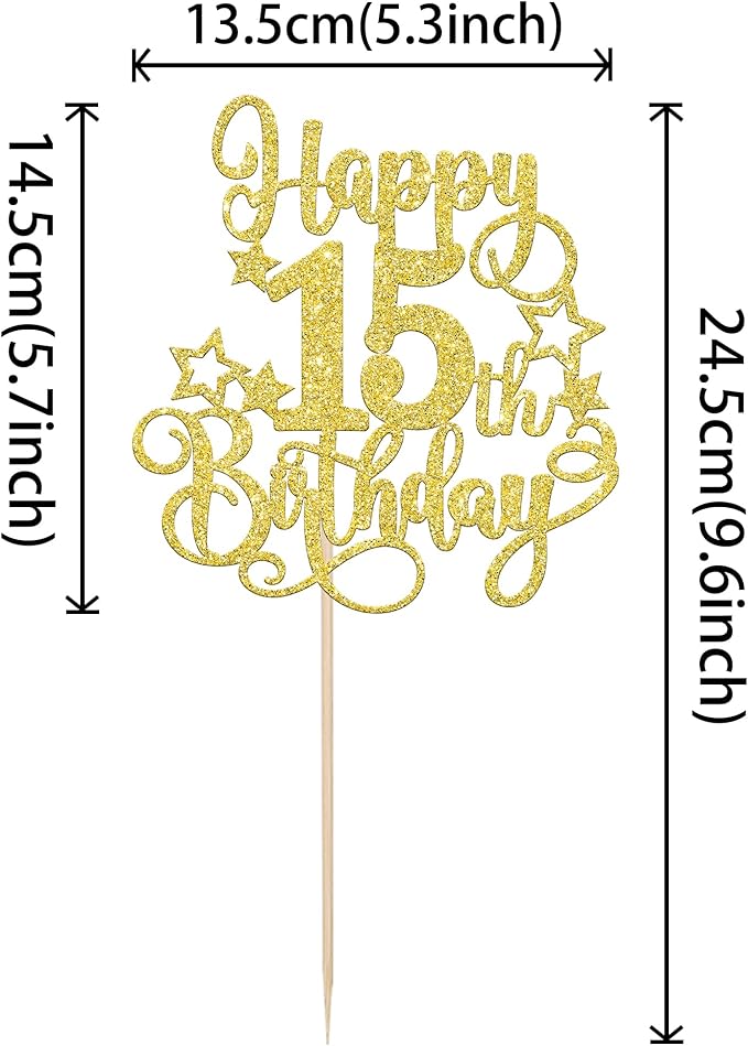 1 PCS Happy 15th Birthday Cake Topper Glitter Cheers to 15 Years Birthday Cake Pick Hello 15 Fabulous Cake Decoration for Happy 15th Birthday Anniversary Party Decorations Supplies Gold
