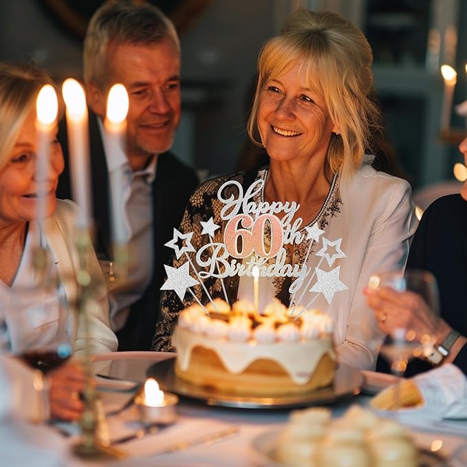 Happy 60th Birthday Cake Toppers, Rose Gold Silver Glitter Cake Decorations Set, 60th Birthday Decor, Birthday Anniversary Party Decorations Supplies