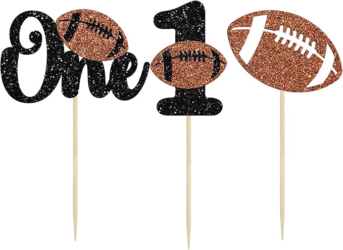 24Pcs Rugby 1st Birthday Cupcake Toppers Glitter First Birthday American Football One Cupcake Picks Decorations for Rugby Sports Theme Baby Shower Kids 1st Birthday Party Cake Supplies