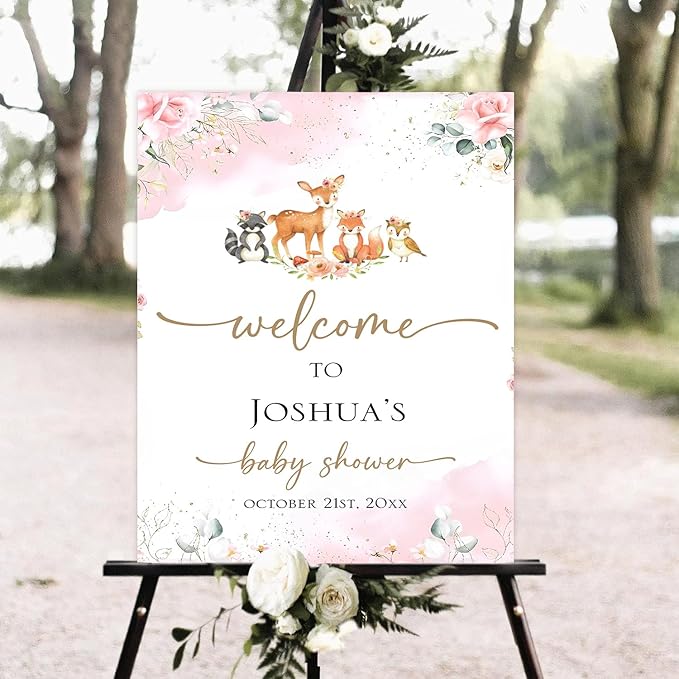 Baby Shower Sign, Woodland Animal, Welcome Baby Shower, 12x18, 18x27, 24x36 inches, Plastic, Rustic