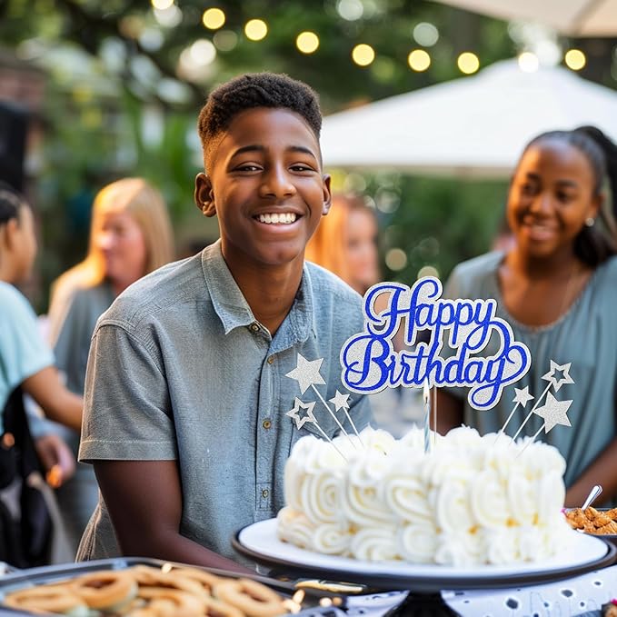 Happy Birthday Cake Toppers, Silver Blue, 7 Pieces, Glitter Cake Decorations for Boys Girls