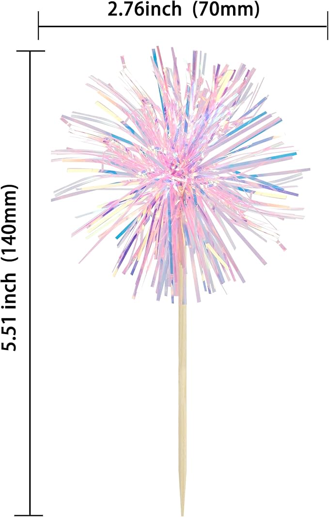 Gyufise 30Pcs Foil Firework Cupcake Toppers Sparkle Tinsel Cake Toppers Tinsel Drink Cake Decoration Cocktail Picks for Birthday Wedding Graduation Party Supplies Laser Pink