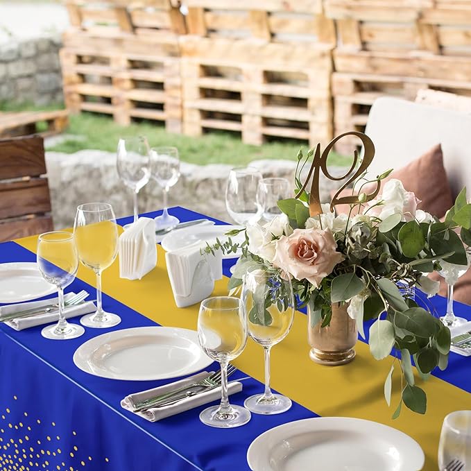 MASHAN 1Pcs Blue Gold Tablecloth Party Decorations,Plastic Royal Blue Table Cloth Printed Gold Table Runner Disposable Rectangle Cover for Birthday Anniversary Wedding Graduation Party,54 x108 Inch