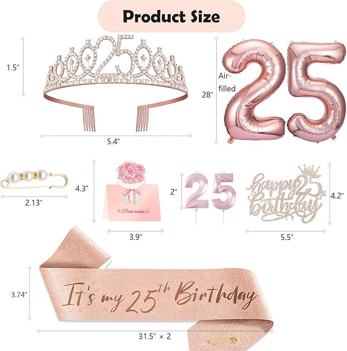 25th Birthday Decorations Gifts for Women, Including 25 year old Cake Topper, Queen Sash with Pearl Pin, Sweet Rhinestone Tiara Crown, Number Candles and Balloons Set, Rose Gold