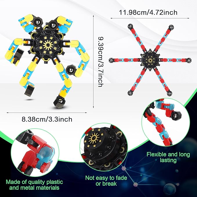 Junkin 100 Pcs Funny Sensory Fidget Toy Bulk Transformable Chain Robot Finger Toys Fidget Spinners Stress Relief Fingertip Gyro Deformable Mechanical Spiral Spinner for Adult Kids ADHD (Bright)