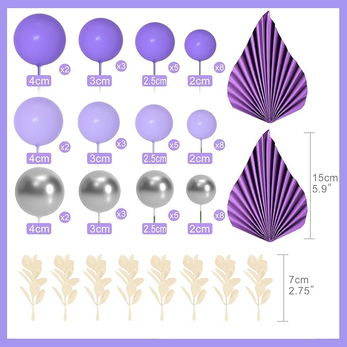 NEBURORA 64 Pcs Balls Cake Toppers and Leaves Decoration Set Mini Balloons for Cake Decorating Supplies Balls Cake decorations for Baby Shower Cake Toppers Birthday Cake Decoration(Purple Silver)