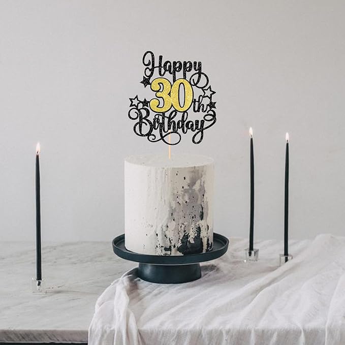 1 PCS Happy 30th Birthday Cake Topper Black Gold Glitter Cheers to 30 Years Birthday Cake Pick Hello 30 Fabulous Cake Decoration for Happy 30th Birthday Anniversary Party Decorations Supplies